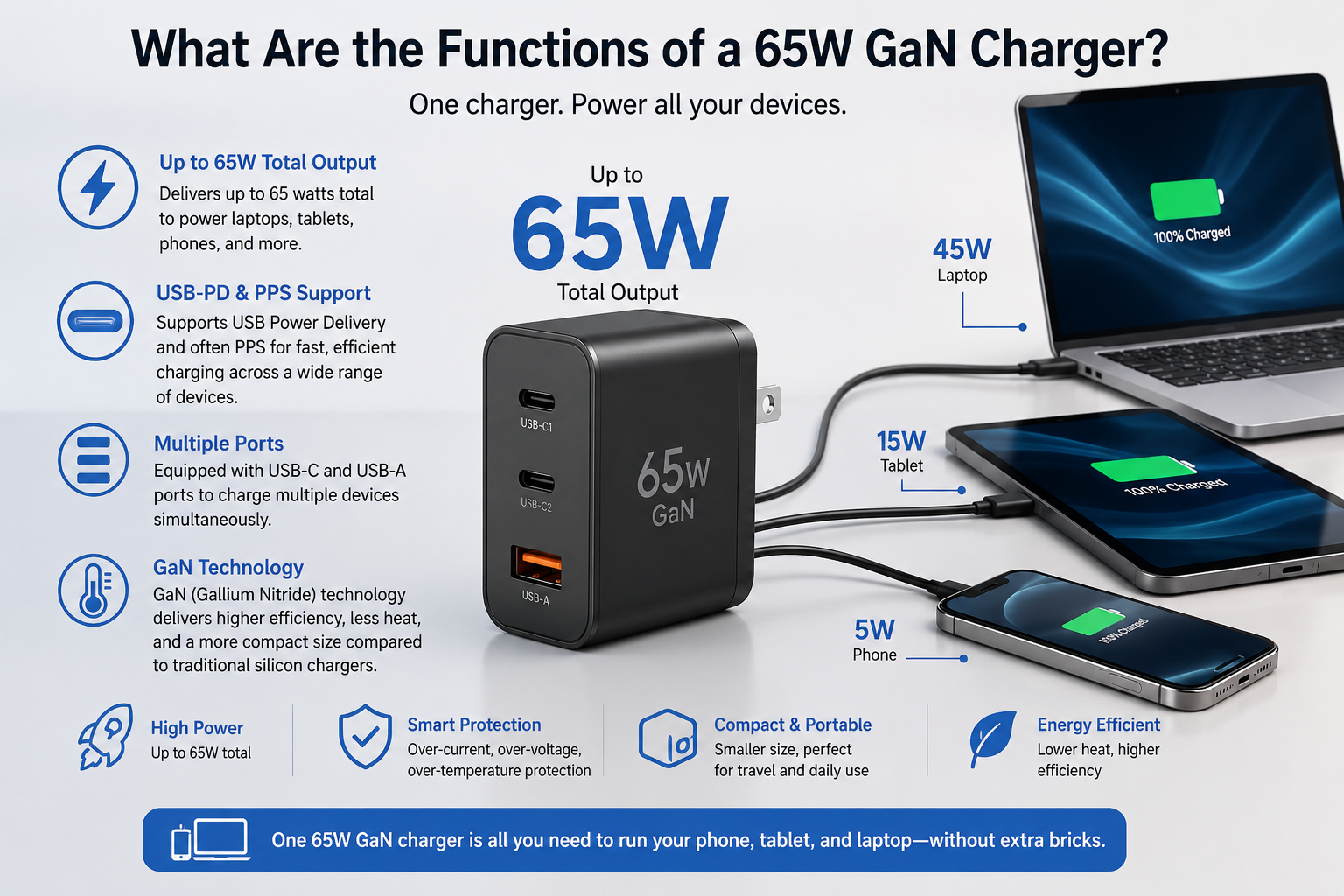 65w gan charger supports usb pd pps multiport efficient heat management
