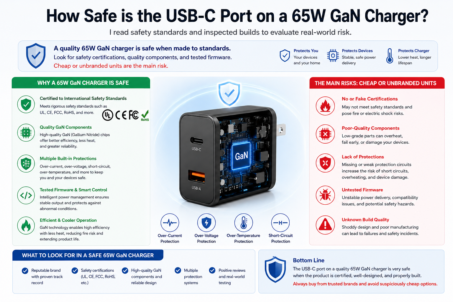 how safe is the usb c port on a 65w gan charger