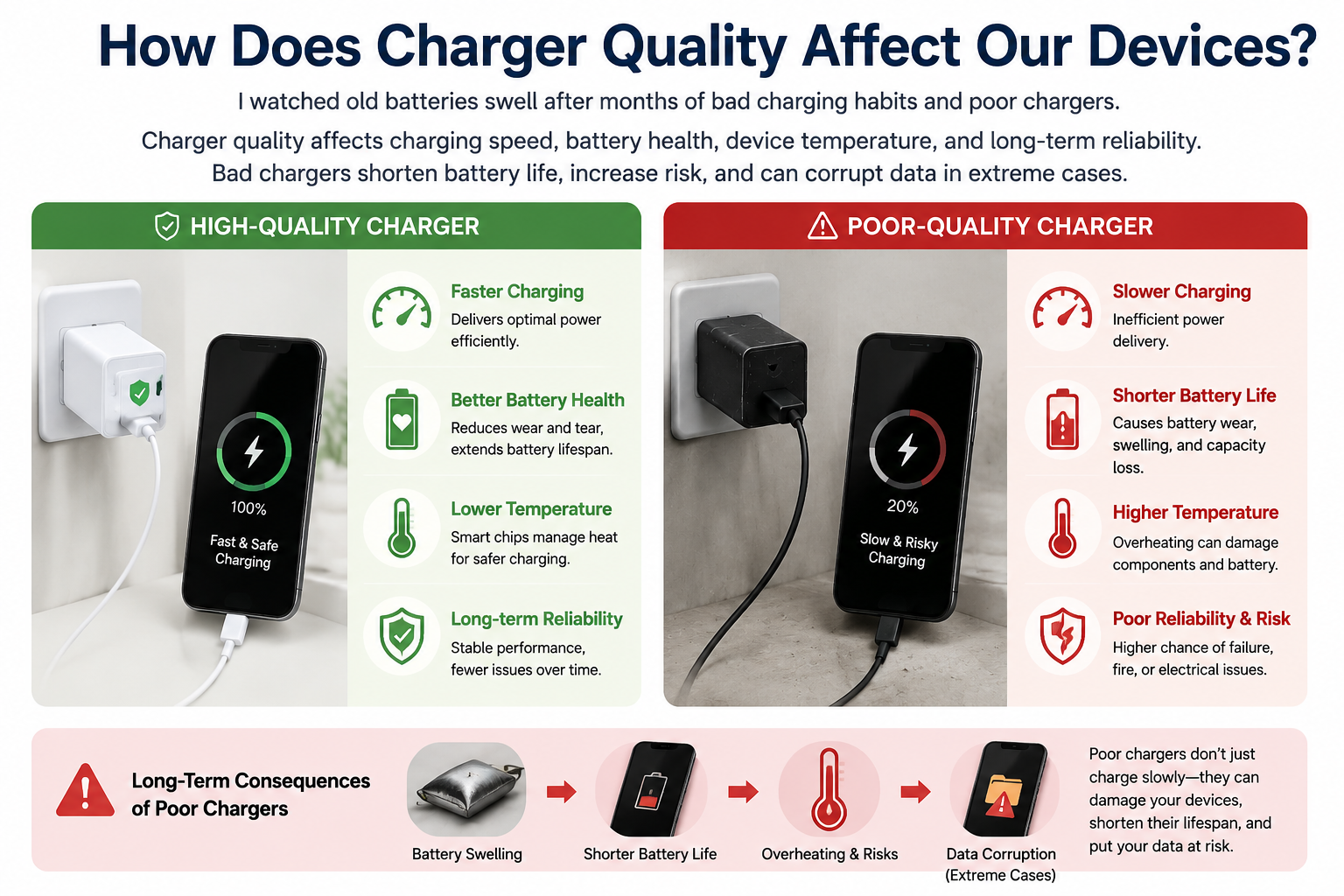 charger quality affects battery life temperature speed reliability data safety